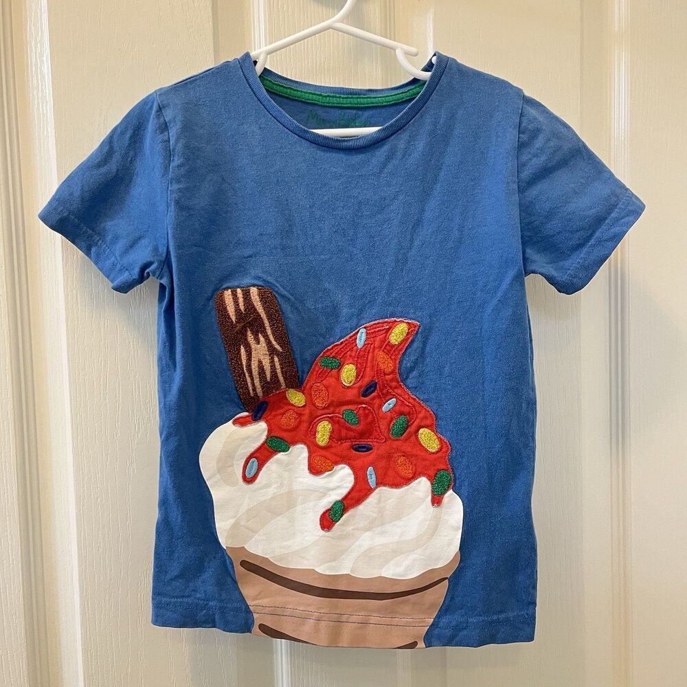 Mini Boden Blue Ice Cream Sundae Cone Applique Top T-Shirt Boys Size 5-6 years